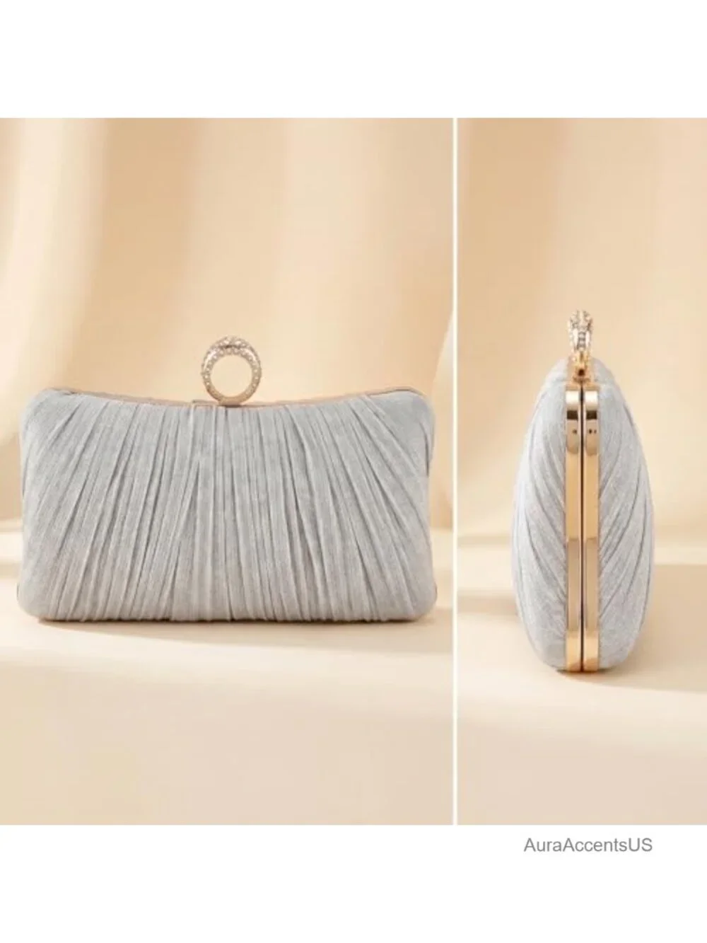 Ruched Satin Clutch with Crystal Ring Handle, Formal Party Evening Bag
